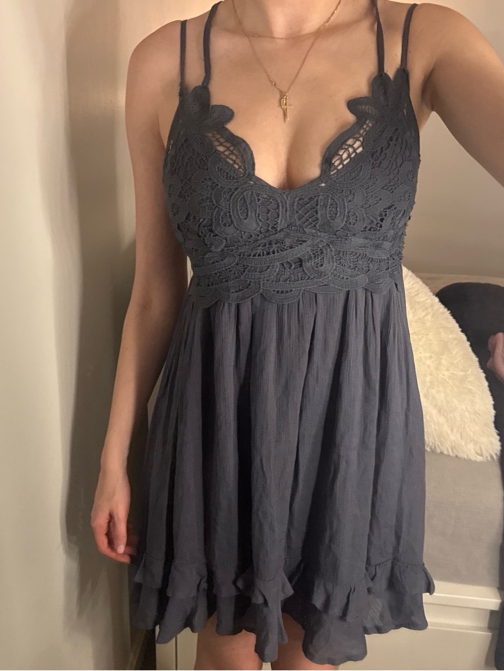Listicle Charcoal Lace Bodice Spaghetti Strap Mini Dress